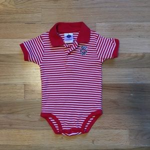 Univ. of Wisconsin red & white striped onesie.